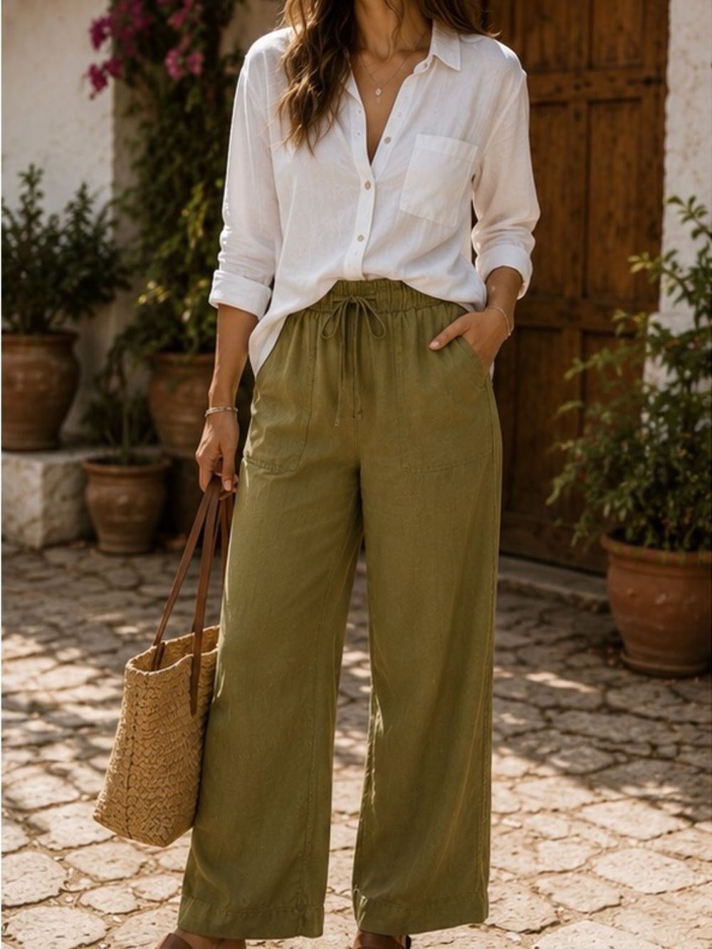 Joie Olive Linen-Blend Pull-On Drawstring Wide-Leg Pants Size S Cottagecore